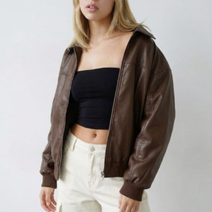 Brown Bomber Jacket Faux Leather