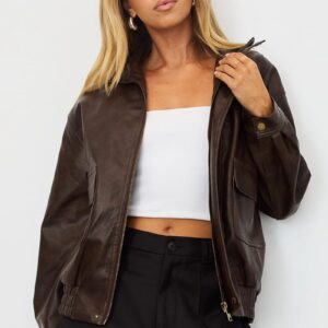 Brown Bomber Jacket Washed Faux Leather
