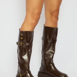 Brown Buckle Detail Biker Boots