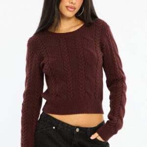Brown Cable Knit Top Long Sleeve Crew Neck