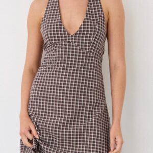 Brown Check Halter Neck Dress Mini