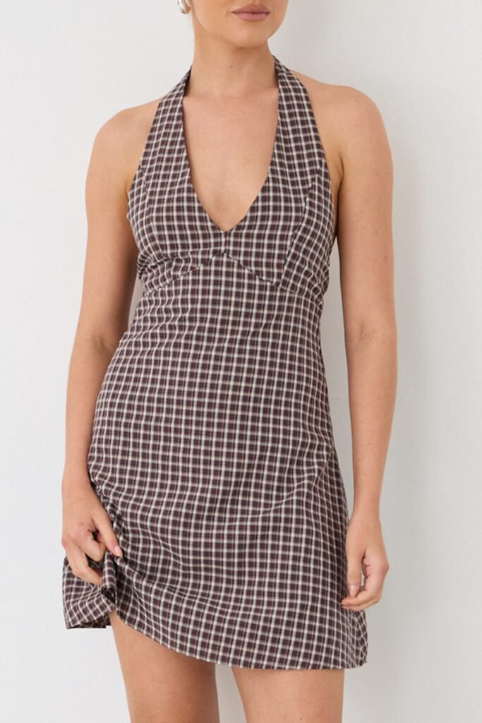 Ally Fashion Brown Check Halter Neck Dress Mini