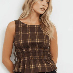 Ally Fashion Brown Check Ruched Top Sleeveless Boat Neck Bow Details Brown Check Ruched Top Sleeveless Boat Neck Bow Details