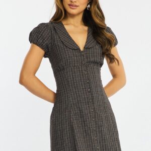 Brown Check Shirts Dress Collared Mini