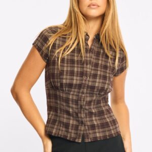 Brown Check Short Sleeve Fitted Check Shirt
