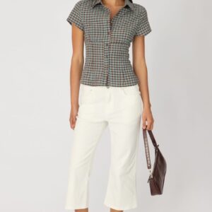 Ally Fashion Brown Check Short Sleeve Shirt Collared Button Up Textured Brown Check Short Sleeve Shirt Collared Button Up Textured