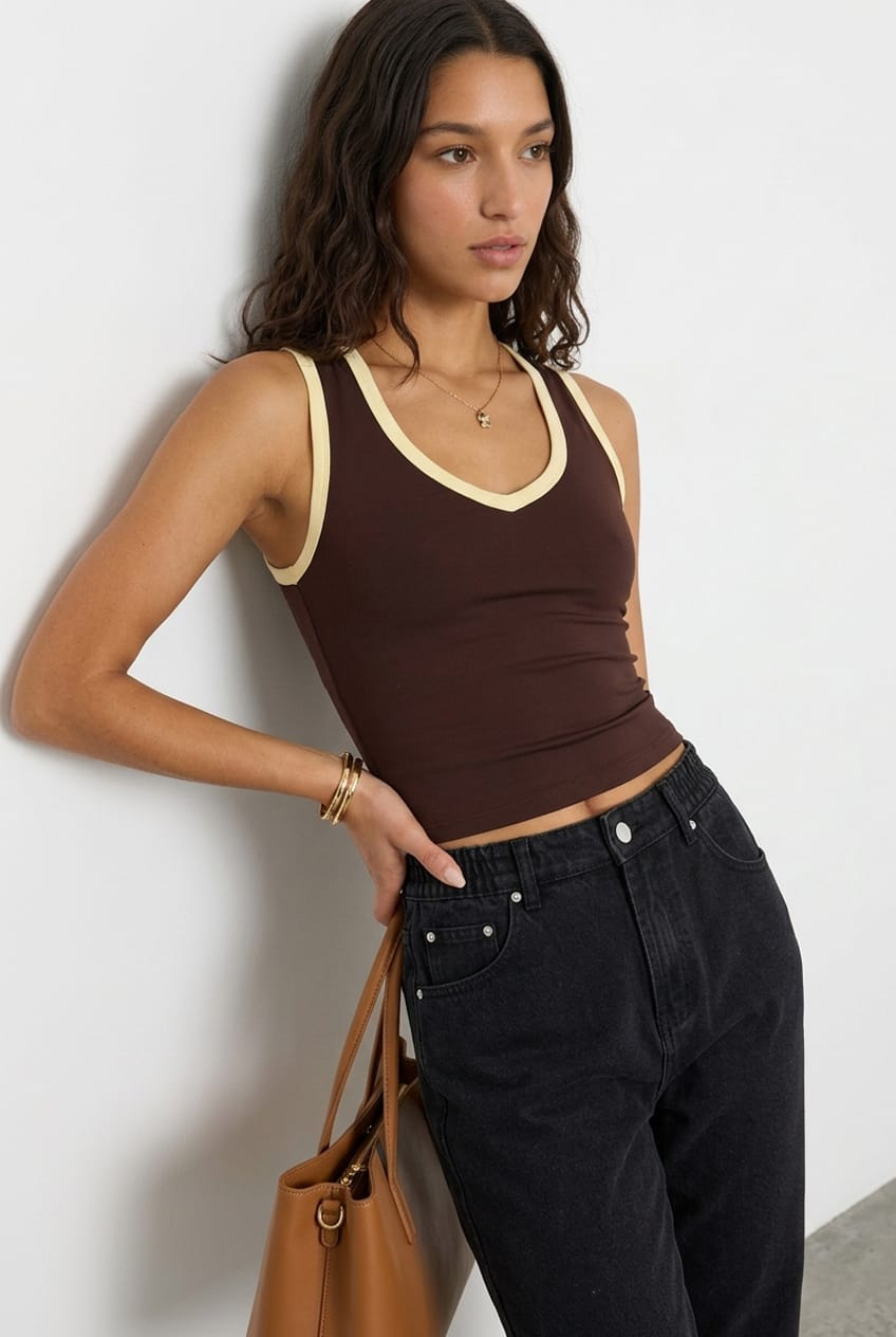 Ally Fashion Brown Contrast Sleeveless V-neck Tank