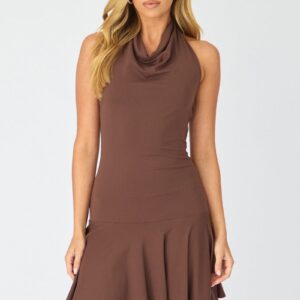 Brown Cowl Neck Mini Dress