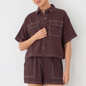Ally Fashion Brown Cropped Shirt Short Sleeve Collared Outpocket