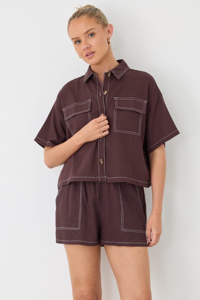 Ally Fashion Brown Cropped Shirt Short Sleeve Collared Outpocket
