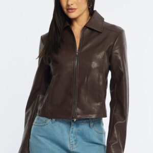 Brown Faux Leather Jacket Long Sleeve