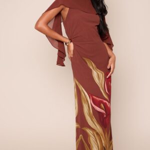 PrettyLittleThing Brown Floral Printed Chiffon Cape Overlay Maxi Dress