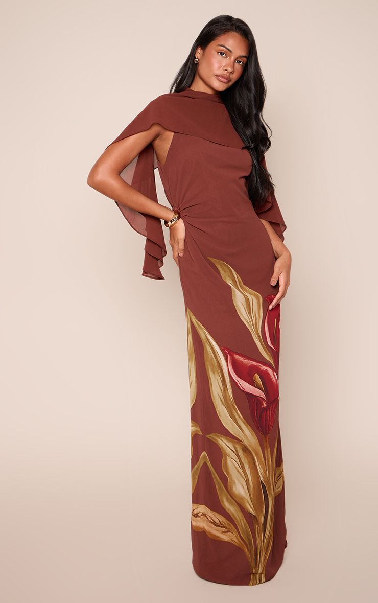 PrettyLittleThing Brown Floral Printed Chiffon Cape Overlay Maxi Dress