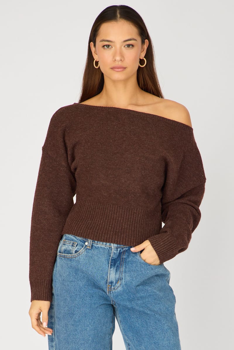 Ally Fashion Brown Knit Top Off Shoulder Long Sleeve