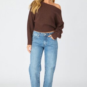 Brown Knit Top Off Shoulder Long Sleeve