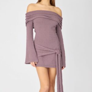 Brown Knitted Off Shoulder Tie Waist Mini Dress
