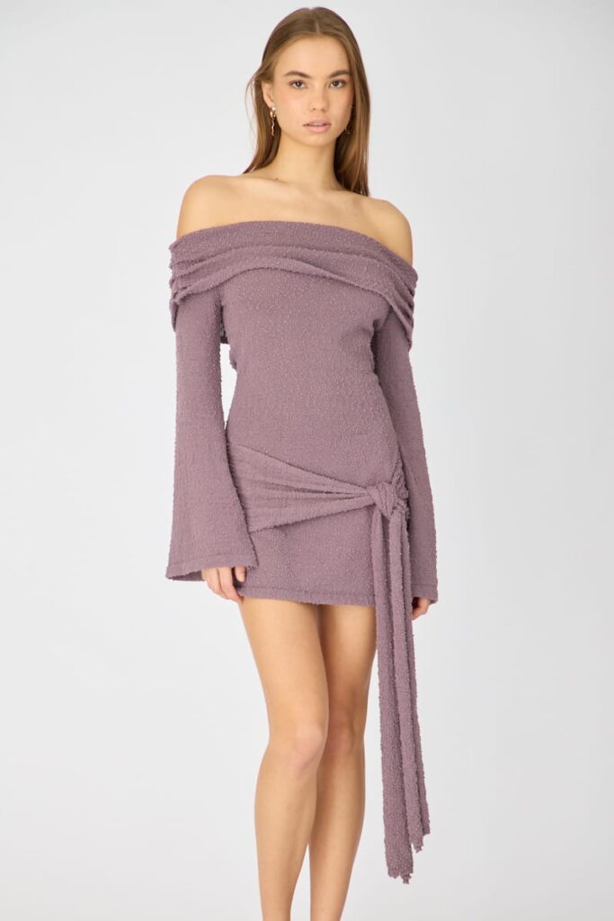 Brown Knitted Off Shoulder Tie Waist Mini Dress | Ally Fashion Brown Knitted Off Shoulder Tie Waist Mini Dress