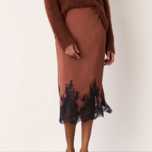 Brown Lace Hem Satin Midi Skirt Brown Lace Hem Satin Midi Skirt