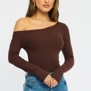 Brown Long Sleeve Rib Asymmetric Top