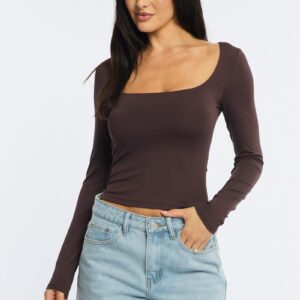 Brown Long Sleeve Slim Fit Scoop Neck Top