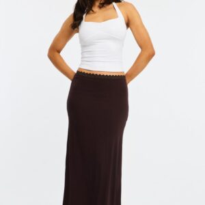 Ally Fashion Brown Maxi Skirt Elastic Waist Lace Trim Detail Lined Brown Maxi Skirt Elastic Waist Lace Trim Detail Lined