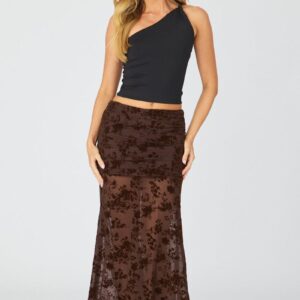 Ally Fashion Brown Maxi Skirt High Waisted Fit & Flare Burnout