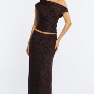 Brown Maxi Skirt Textured Gathered Waist Stretch Lined