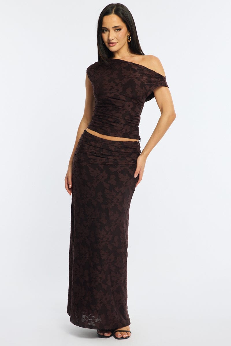Ally Fashion Brown Maxi Skirt Textured Gathered Waist Stretch Lined