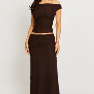 Brown Maxi Skirt Textured Gathered Waist Stretch Lined