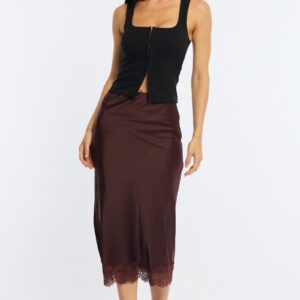 Brown Midi Lace Hem Skirt