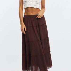 Brown Midi Skirt Tiered Elastic Waist Textured Cotton