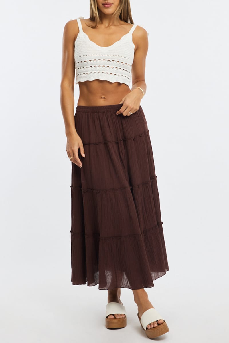 Ally Fashion Brown Midi Skirt Tiered Elastic Waist Textured Cotton