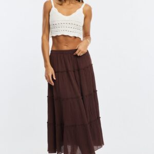 Ally Fashion Brown Midi Skirt Tiered High Rise Lined Textured Cotton Brown Midi Skirt Tiered High Rise Lined Textured Cotton