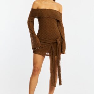 Brown Off Shoulder Dress Long Sleeve