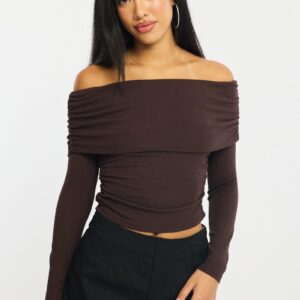Brown Off Shoulder Top Long Sleeve