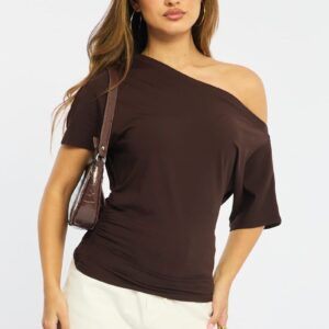 Brown One Shoulder Top Short Sleeve