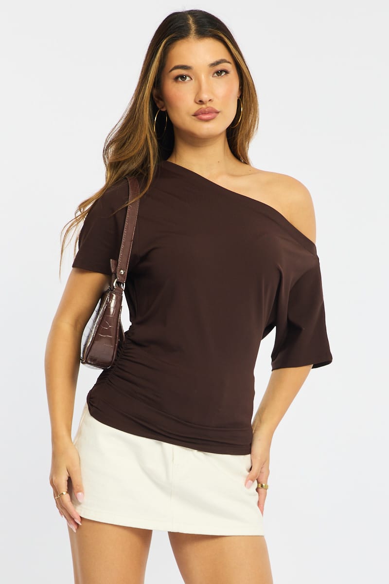 Ally Fashion Brown One Shoulder Top Short Sleeve