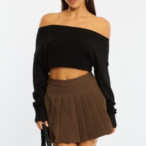 Brown Pleated Skirt Mid Rise Longline