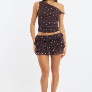 Brown Polka Dot Bloomer Skort Skirt Elastic Waist Mid Rise Layered