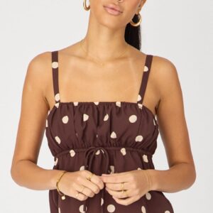 Brown Polka Dot Cami Top Sleeveless Front Tie Babydoll