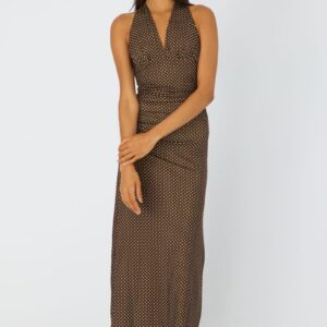 Ally Fashion Brown Polka Dot Halter Neck Midi Dress Brown Polka Dot Halter Neck Midi Dress