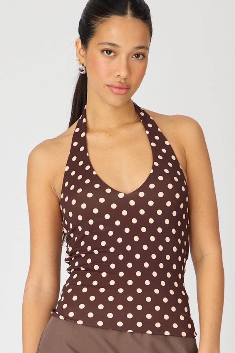 Ally Fashion Brown Polka Dot Halter Top Polka Dot