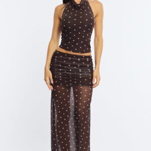 Brown Polka Dot Maxi Skirt Elastic Waist Gathered Fit & Flare Mesh