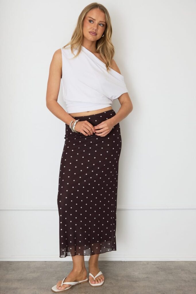 Ally Fashion Brown Polka Dot Mesh Skirt Elasticated Picot Trim Maxi