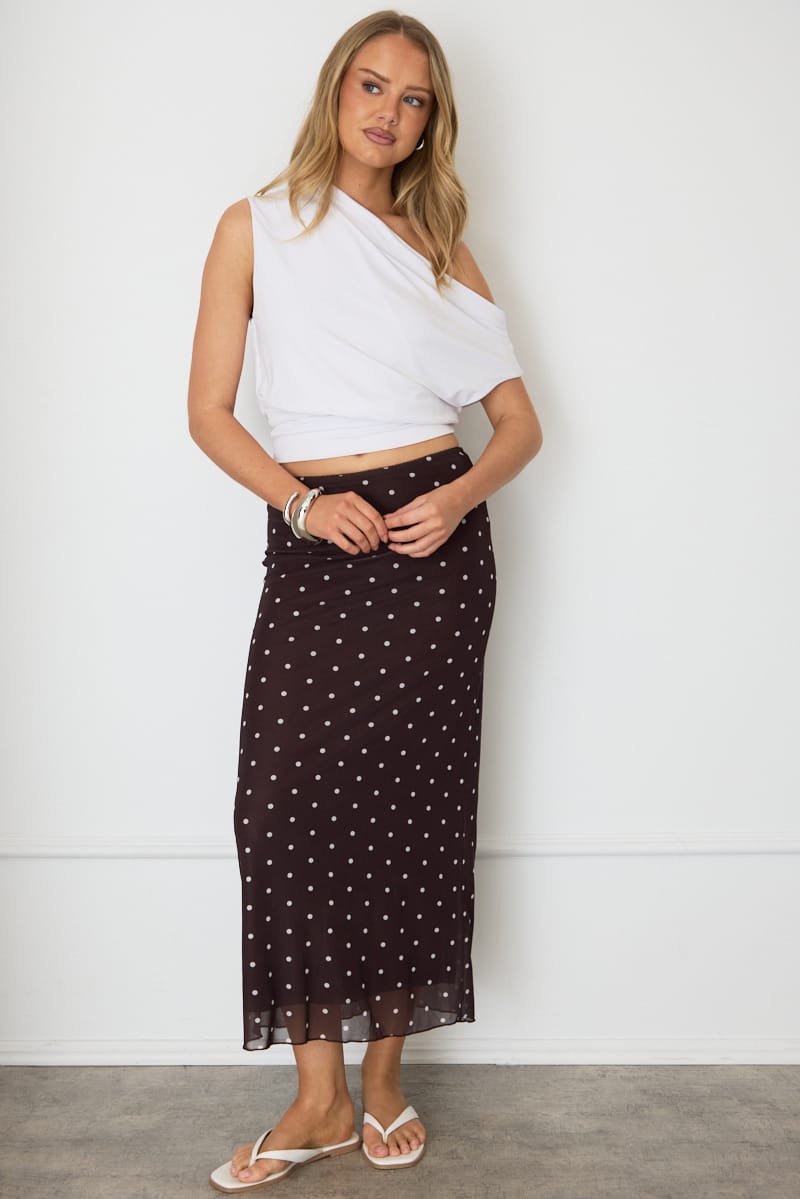 Ally Fashion Brown Polka Dot Mesh Skirt Elasticated Picot Trim Maxi