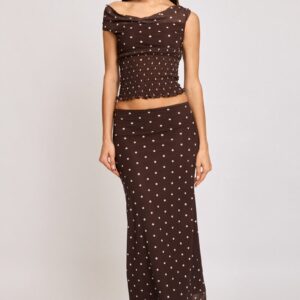 Ally Fashion Brown Polka Dot Mesh Skirt Elasticated Picot Trim Midaxi Brown Polka Dot Mesh Skirt Elasticated Picot Trim Midaxi