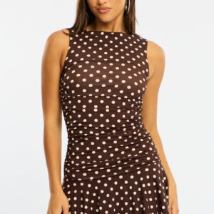 Ally Fashion Brown Polka Dot Mini Dress Boat Neck Brown Polka Dot Mini Dress Boat Neck