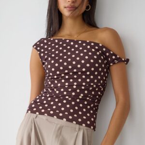 Ally Fashion Brown Polka Dot One Shoulder Twist Top Brown Polka Dot One Shoulder Twist Top