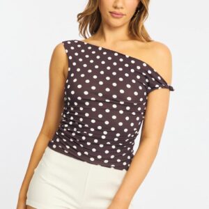 Brown Polka Dot One Shoulder Twist Top