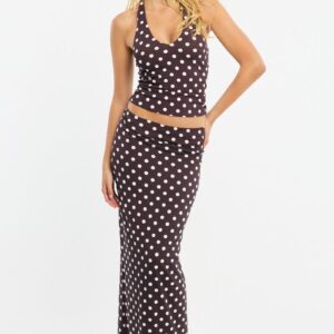 Ally Fashion Brown Polka Dot Supersoft Maxi Skirt Elastic Waist Lined Brown Polka Dot Supersoft Maxi Skirt Elastic Waist Lined